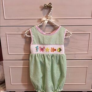 Green Striped Kids One Piece with Sea Creature Embroidery